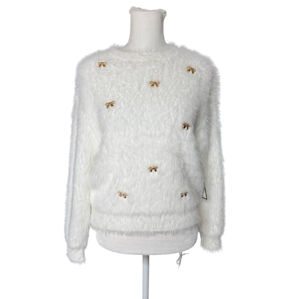 On 12th White Fuzzy Gold Bow Sweater Size Medium NWT Coquette Balletcore - Picture 2 of 12